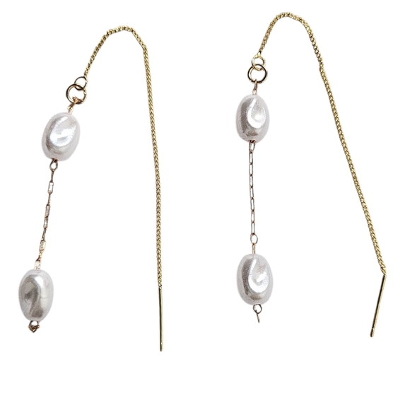 18K Gold Plated Faux Pearl Threader Earrings Dainty - Picture 4 of 4